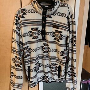 Cinch Cream Aztec-Style Zip Mock Neck Sweater with Brown and Black Accents
